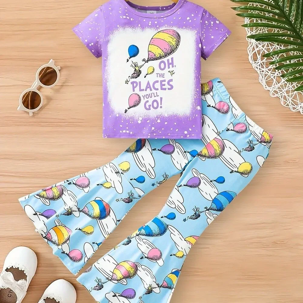 Dr Seuss Oh The Paces You'll Go! 2 piece Outfit Set Flare Bell Bottoms Tee  5-6